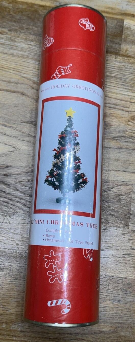 Vintage Christmas Mailing Tube Mini 12” Tree With Stand Bows Taiwan Sealed NEW